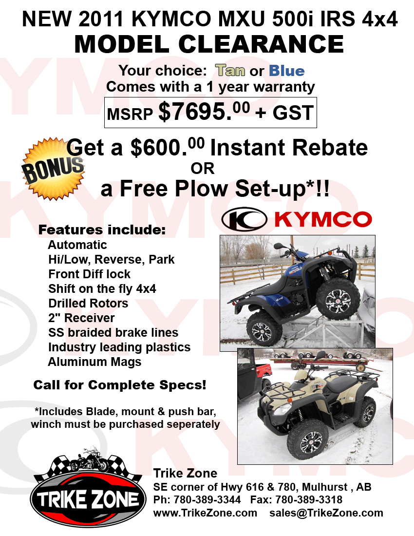 New 2011 KYMCO MXU 500i IRS 4x4 - Blue or Tan